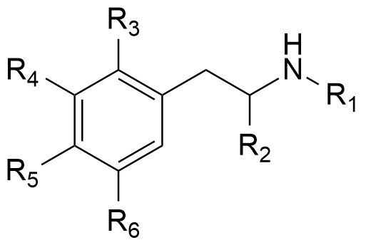 Estructura química de una feniletilamina con sustituyentes R1–R6 señalados.