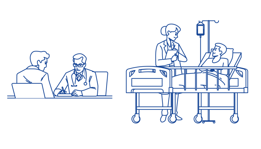 Íconos que representan una consulta médica y una persona internada atendida por una doctora