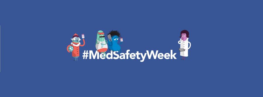 Tres animadaciones con medicamentos en la mano y otra vestida de doctor con fondo violeta y la palabra MedSafetyWeek