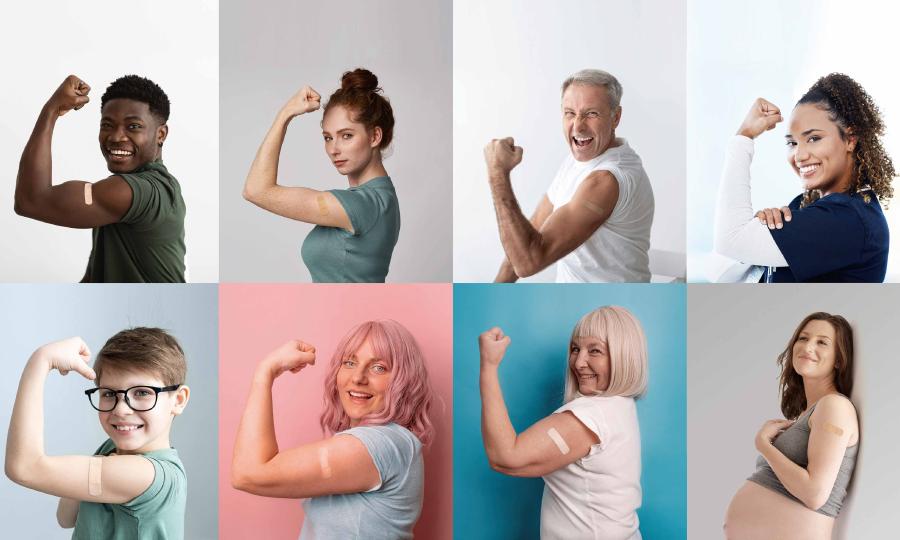 Personas de diferentes edades levantan y muestran su brazo donde recibieron la vacuna