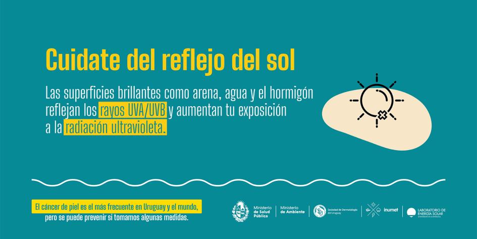 Campaña de prevención de cáncer de piel 4 Cuidate del reflejo del sol. Las superficies brillantes como arena, agua y el hormigón reflejan