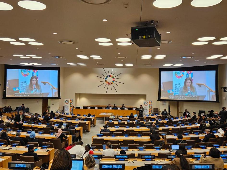 Karina Rando en la ONU Reunión plenaria. En las pantallas se proyecta a la ministra Rando mientras brinda su discurso