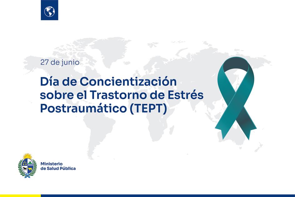 Día Mundial de Concientización sobre el Trastorno de Estrés Postraumático Placa conmemorativa del día, con lazo verde agua