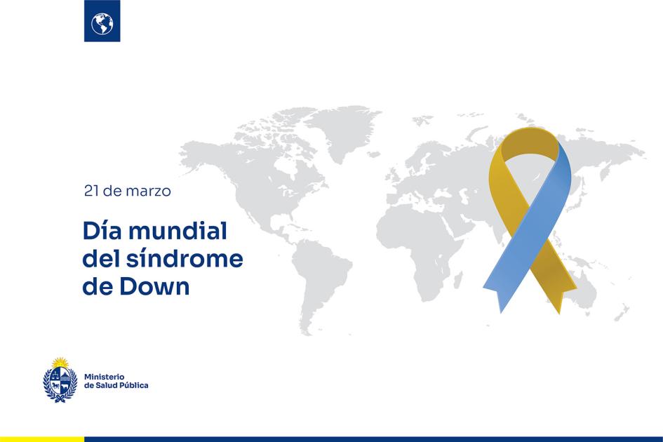 Placa por el día mundial del síndrome de down Lazo amarillo y celeste con la leyenda "Día mundial del síndrome de Down"