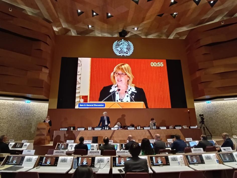 Ministra Lustemberg en la Asamblea Mundial de la Salud Ministra expone en la Asamblea Mundial de la Salud, su imagen se proyecta en pantalla
