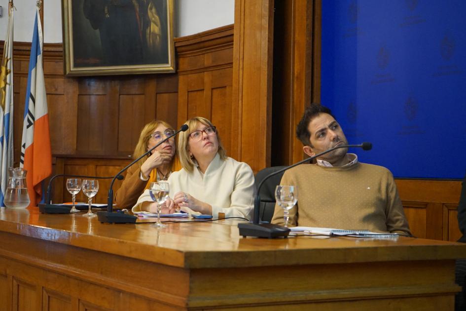 Autoridades atentas a la participación por zoom de la OPS Ministra, Directora de Fiscalización y Director General de Secretaría miran hacia la pantalla