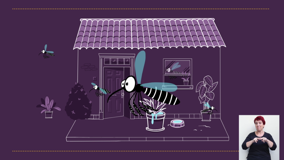 Cuadro de la campaña de prevención de dengue Aedes aegypti sobrevuelan alrededores de una casa que tiene recipientes con agua
