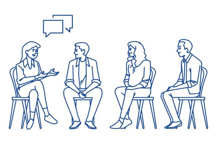 dibujo digital de un grupo de personas sentadas, dialogando