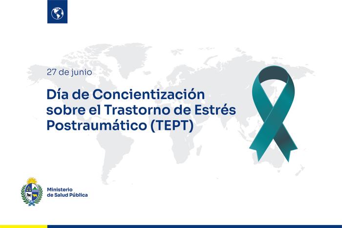Día Mundial de Concientización sobre el Trastorno de Estrés Postraumático Placa conmemorativa del día, con lazo verde agua