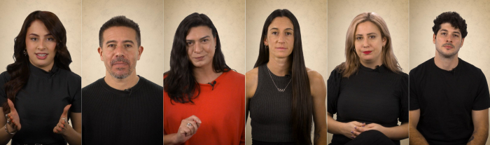 Los 6 protagonistas de los videos de la campaña "Es fuerte" Mosaico de fotos: Luana, Rafa Cotelo, Josefina González, Pia Fernández, Fer Kosak y Marcos Sarraute