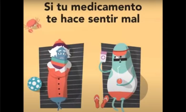 Imagen de un animación explicativa con la leyenda "Si tu medicamento te hace sentir mal"