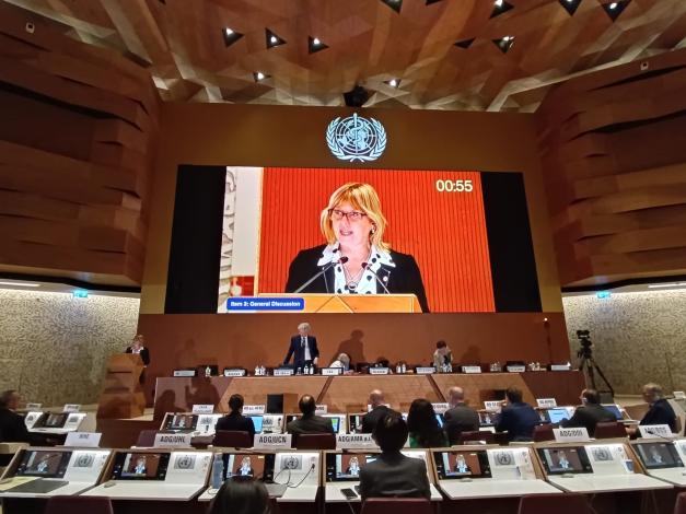 Ministra expone en la Asamblea Mundial de la Salud, su imagen se proyecta en pantalla