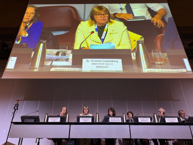 Ministra Lustemberg brinda discurso. En pantalla de fondo se proyecta la exposición