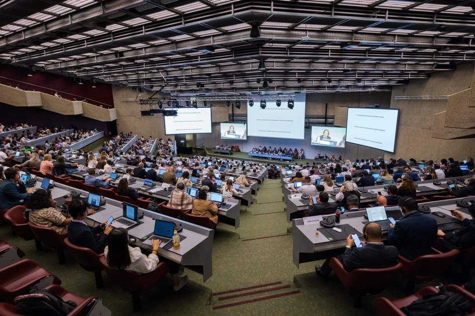 La OIT aprobó un convenio histórico para garantizar trabajo decente en las plataformas digitales Foto tomada desde el fondo de la sala de conferencias