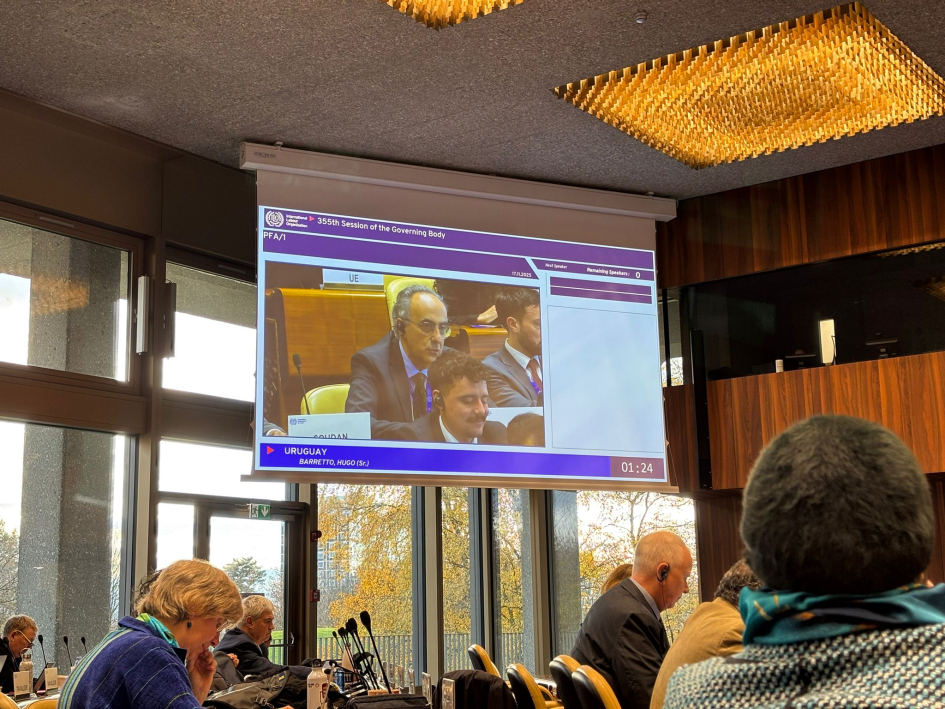 Monitor que muestra a Barretto exponiendo y la sala con los participantes