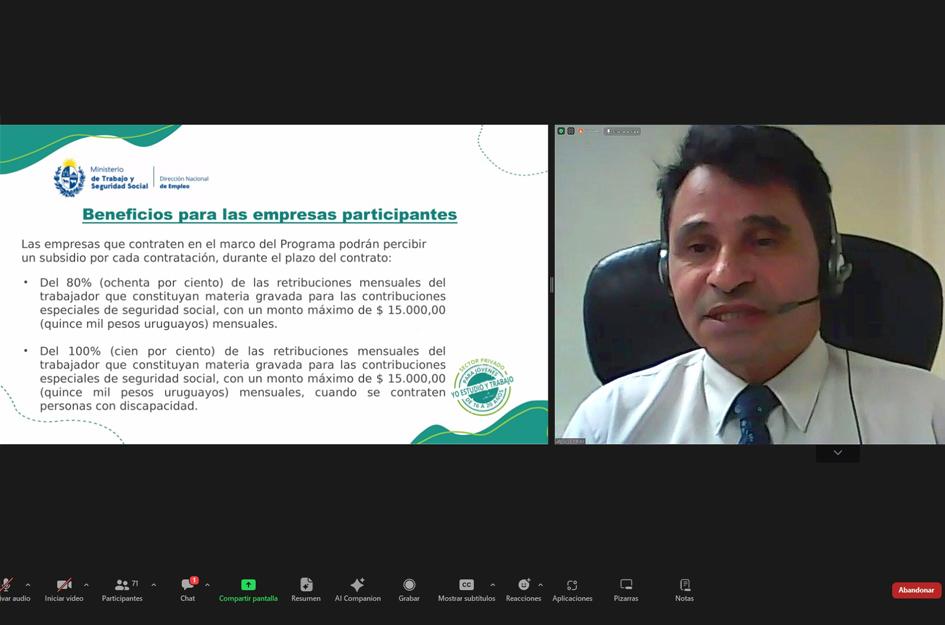 Reunión web sobre programa Yo Estudio y Trabajo Pérez durante su exposición por la plataforma Zoom