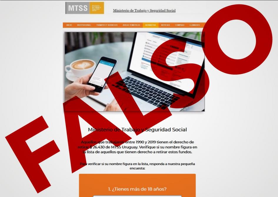 Información falsa Imagen que muestra la página falsa del Ministerio