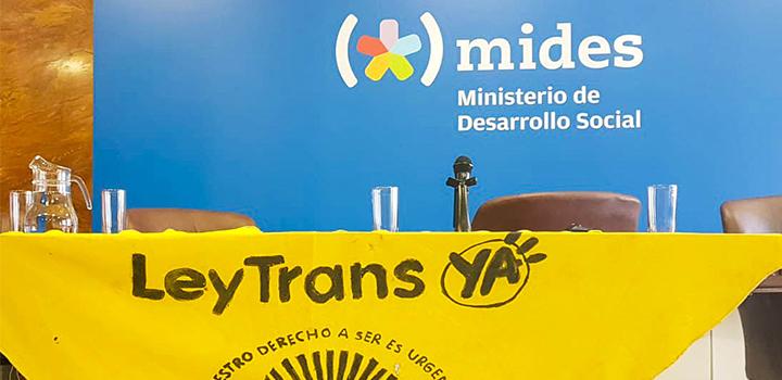 Mesa con bandera de "Ley trans" y logo de mides al fondo