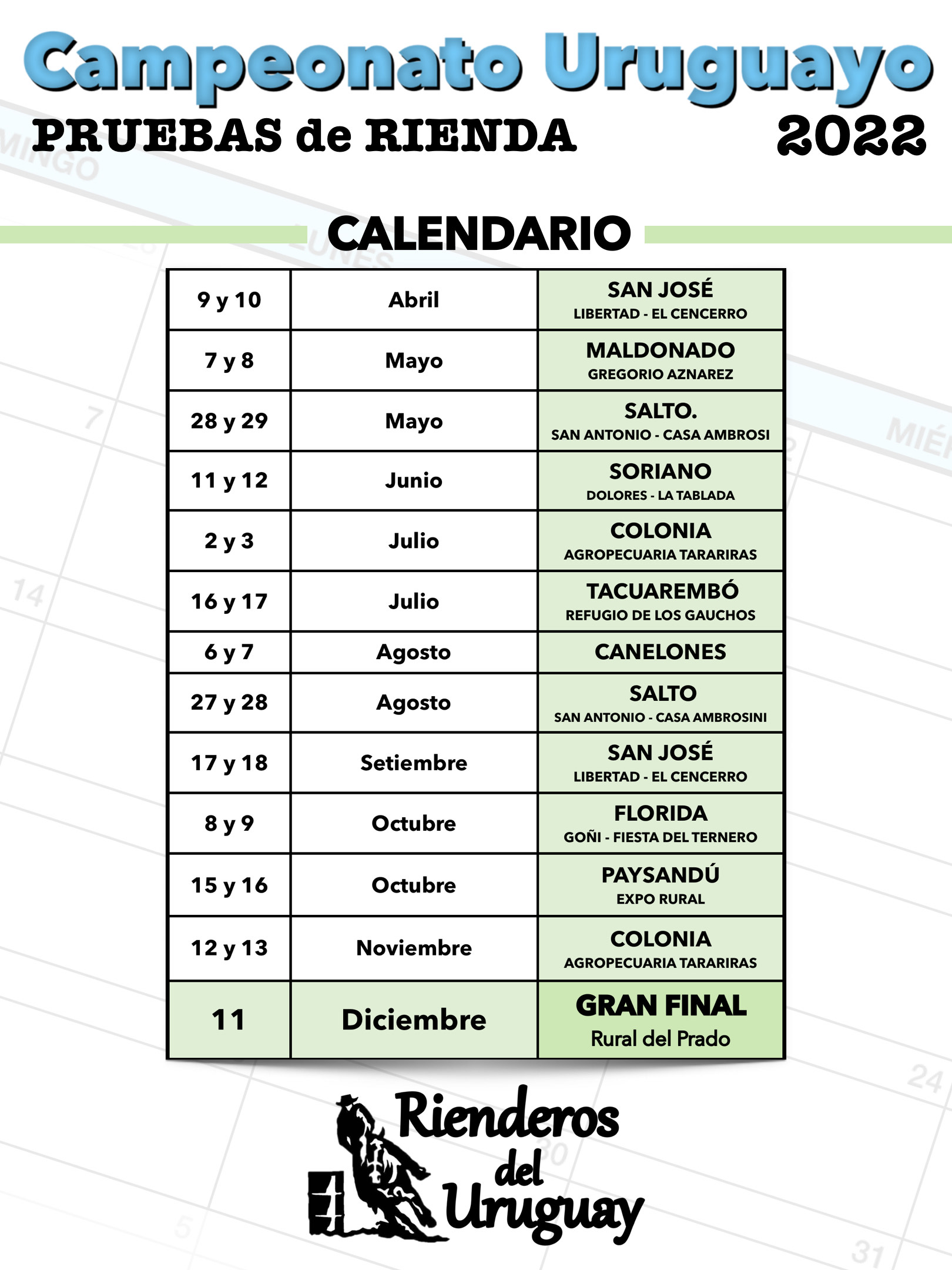 Calendario del Campeonato Uruguayo de Pruebas de Rienda 2022