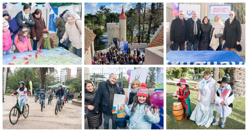 Padres y niños jugando en las distintas estaciones distribuidas en el Castillo del Parque Rodó