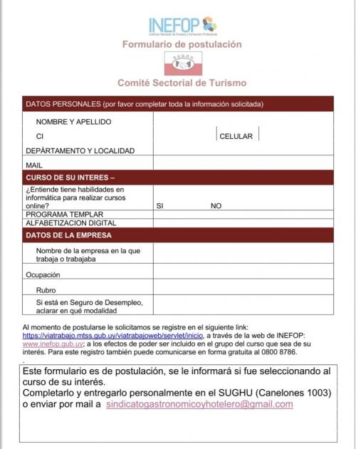 Formulario de inscripción a cursos de INEFOP para trabajadores del sector Turismo