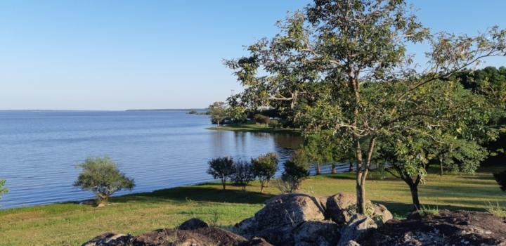 Vista del Parque del Lago Salto Grande con árboles y vegetación