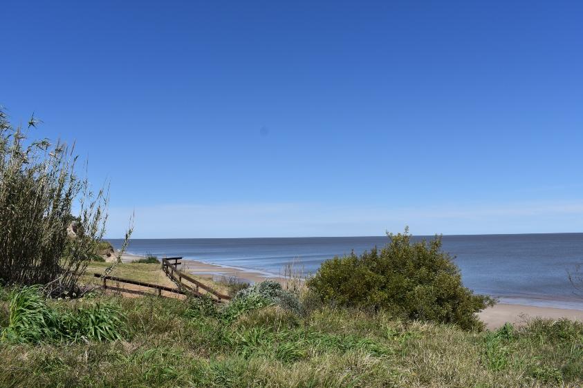 Panorámica de la costa de Kiyú: árboles, rampa de acceso en madera, arena y horizonte al mediodía