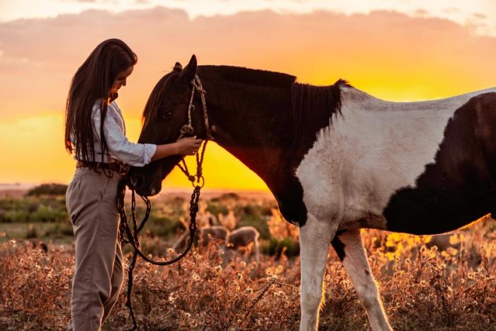 ¿Cómo viajar desde casa? Una chica acariciando un caballo al atardecer