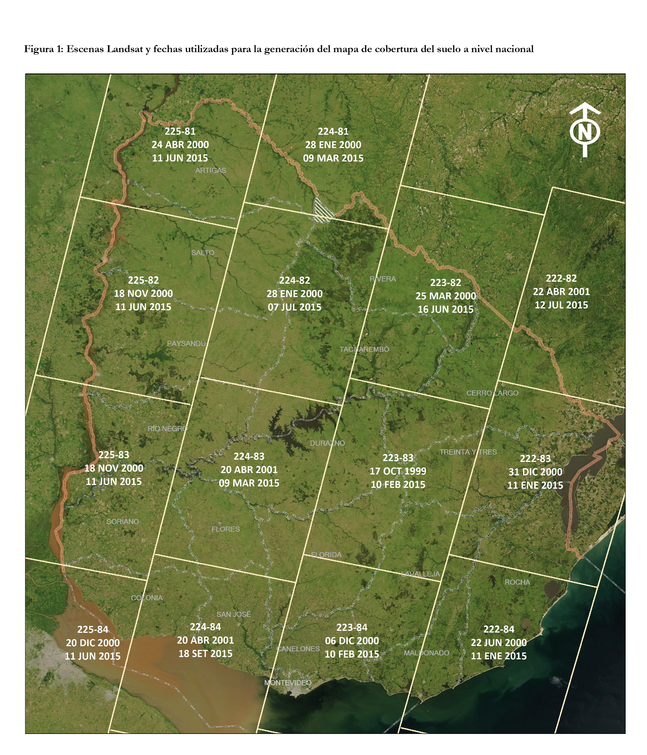 Figura 1: Escenas Landsat y fechas utilizadas para la generación del mapa de cobertura del suelo a nivel nacional