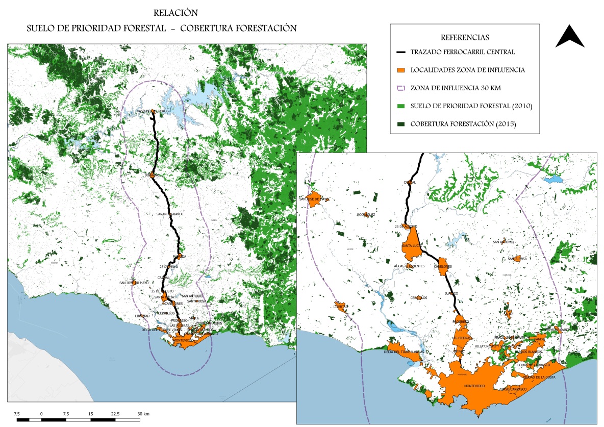 Mapa que refiere a la relación entre el suelo de prioridad forestal y aquel que posee cobertura forestal