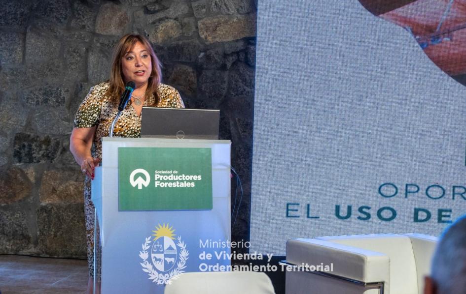 La construcción de viviendas con madera como objetivo Ministra de vivienda dando discurso