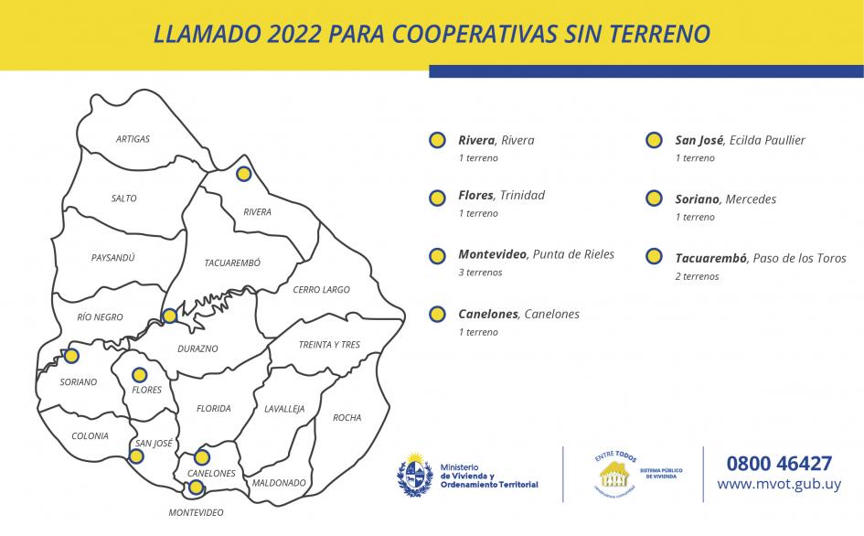 Mapa de Uruguay con puntos donde hay tierras disponibles