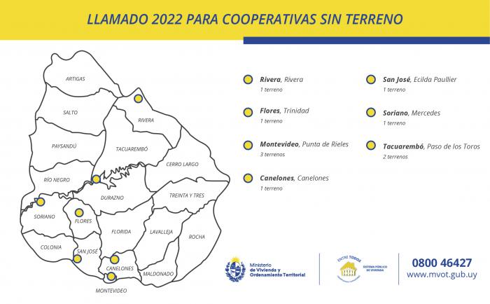 Mapa de Uruguay con puntos donde hay tierras disponibles