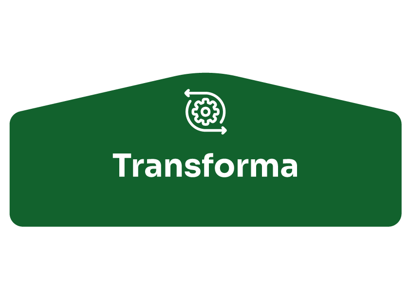 Fondo verde con letras blancas que dicen "Transforma", se ve un icono con un engranaje y flechas.