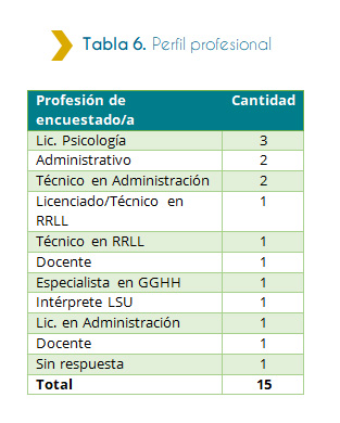 Tabla 6. Perfil profesional La siguiente tabla indica el perfil profesional de las 15 personas brindaron los datos sobre ingresos de discapacitados al Estado. Muestra que 3 son Lic. en Psicología, 2 Administrativo y Técnico en Administración y 1 en Licenciado/Técnico en RRLL, Técnico en RRLL, Docente, Especialista en GGHH, Intérprete LSU y Lic. en Administración.