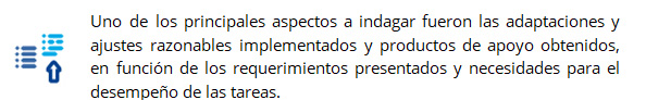 Uno de los principales aspectos a indagar fueron las adaptaciones y ajustes razonables implementados y productos de apoyo obtenidos, en función de los requerimientos presentados y necesidades para el desempeño de las tareas.