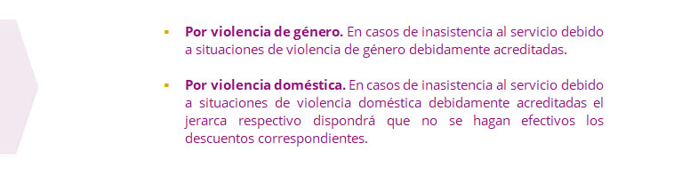 	Por violencia de género. En casos de inasistencia al servicio debido a situaciones de violencia de género debidamente acreditadas. 	Por violencia doméstica. En casos de inasistencia al servicio debido a situaciones de violencia doméstica debidamente acreditadas el jerarca respectivo dispondrá que no se hagan efectivos los descuentos correspondientes.