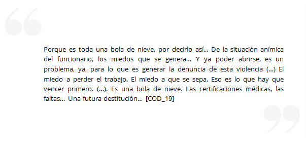Porque es toda una bola de nieve, por decirlo así... De la situación anímica del funcionario, los miedos que se genera… Y ya poder abrirse, es un problema, ya, para lo que es generar la denuncia de esta violencia (…) El miedo a perder el trabajo. El miedo a que se sepa. Eso es lo que hay que vencer primero. (…). Es una bola de nieve. Las certificaciones médicas, las faltas… Una futura destitución… [COD_19] 