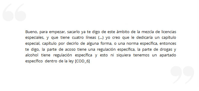 Bueno, para empezar, sacarlo ya te digo de este ámbito de la mezcla de licencias especiales, y que tiene cuatro líneas (…) yo creo que le dedicaría un capítulo especial, capítulo por decirlo de alguna forma, o una norma específica, entonces te digo, la parte de acoso tiene una regulación específica, la parte de drogas y alcohol tiene regulación específica y esto ni siquiera tenemos un apartado específico dentro de la ley [COD_6]