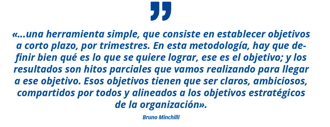 «…una herramienta simple, que consiste en establecer objetivos a corto plazo, por trimestres. En esta metodología, hay que definir bien qué es lo que se quiere lograr, ese es el objetivo; y los resultados son hitos parciales que vamos realizando para llegar a ese objetivo. Esos objetivos tienen que ser claros, ambiciosos, compartidos por todos y alineados a los objetivos estratégicos de la organización». Bruno Minchilli