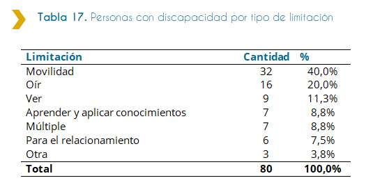 Tabla 17. Personas con discapacidad por tipo de limitación La presente tabla muestra, la cantidad de personas discapacitadas entrevistadas ingresadas al Estado por tipo de limitación. Según ésta, el total de personas entrevistadas son 80, representando el 100%. Mientras que la mayoría de las personas discapacitadas entrevistadas ingresadas al Estado presentan limitaciones de movilidad, siendo 32 y representando un 40% de las limitaciones. Le siguen las personas discapacitadas entrevistadas ingresadas al Estado con limitaciones al oír siendo 16 y representando el 20%. Después las personas discapacitadas con limitaciones al ver, que son 9 y representan el 11.3%. Luego las personas discapacitadas con limitaciones al aprender y aplicar conocimientos y limitaciones múltiples son 7 para cada caso y representan el 8.8% cada una. Las personas discapacitadas con limitaciones para el relacionamiento son 6 y representan el 7.5% Finalmente, las personas discapacitadas con limitaciones de tipo Otra son 3 y son el 3.8%.