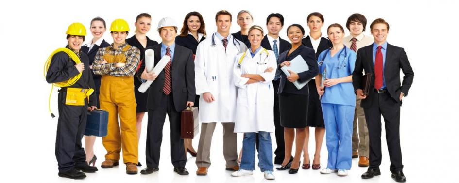 Trabajadores y salud Foto de trabajadores de distintos rubros. En el centro figuran dos médicos