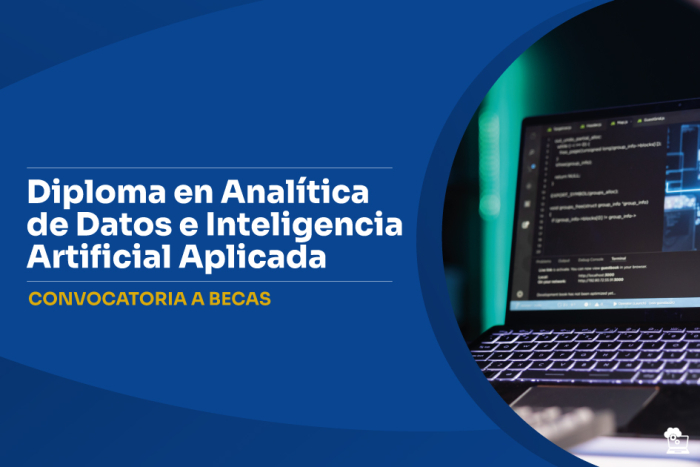 Placa con fondo azul y un texto que anuncia inscripciones para un diploma en Analítica de Datos e IA