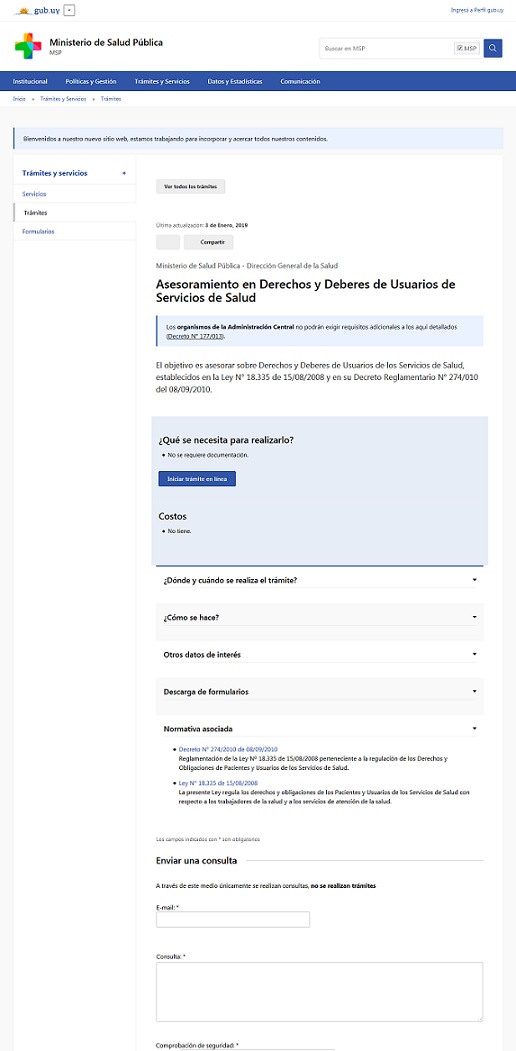 Captura de pantalla de la ficha de un trámite del MSP.