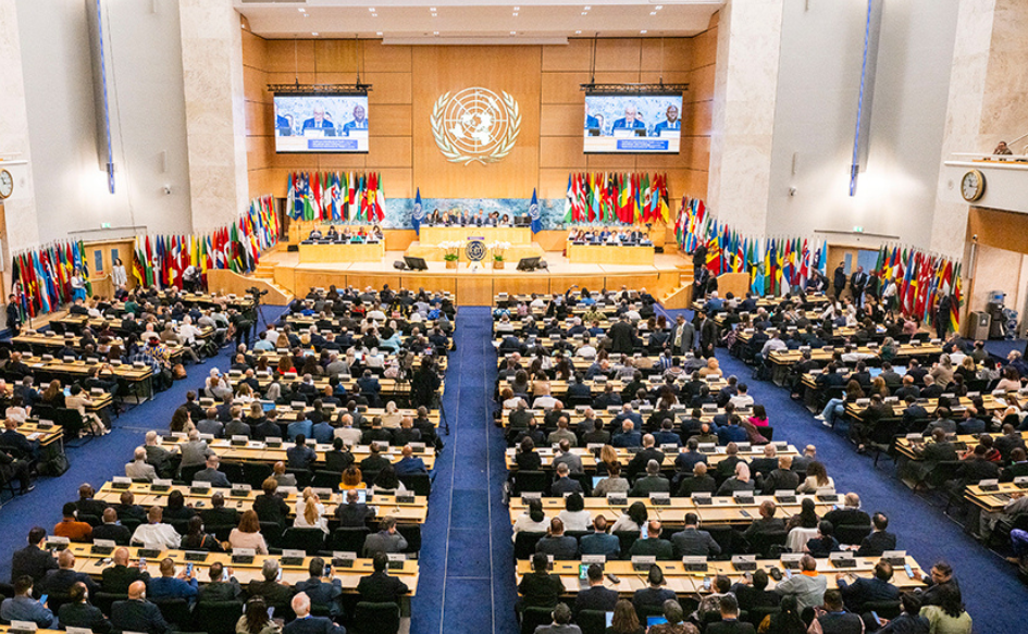 Vista aérea del salón en el que se desarrolla la 114ª Conferencia Internacional del Trabajo. En el centro, el logo de la ONU. A su lado, dos pantallas proyectan la imagen de Juan Castillo brindando un discurso