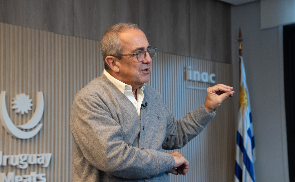Presidente de INAC, Gastón Scayola, habla con periodista en su despacho, elevando su mano derecha y juntando el dedo índice con el pulgar. De fondo, el pabellón nacional