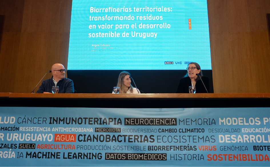 Un investigador y dos investigadoras presentan su proyecto de investigación sobre biorrefinerías territoriales, durante la presentación de resultados del Fondo Ida Holz, en el auditorio de Torre Ejecutiva