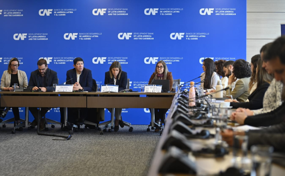 Ejecutiva senior de la oficina de CAF en Uruguay, Cecilia Llambí, expone durante el encuentro de referentes regionales en desarrollo territoria. A su lado, la ministra de Vivienda, Tamara Paseyro
