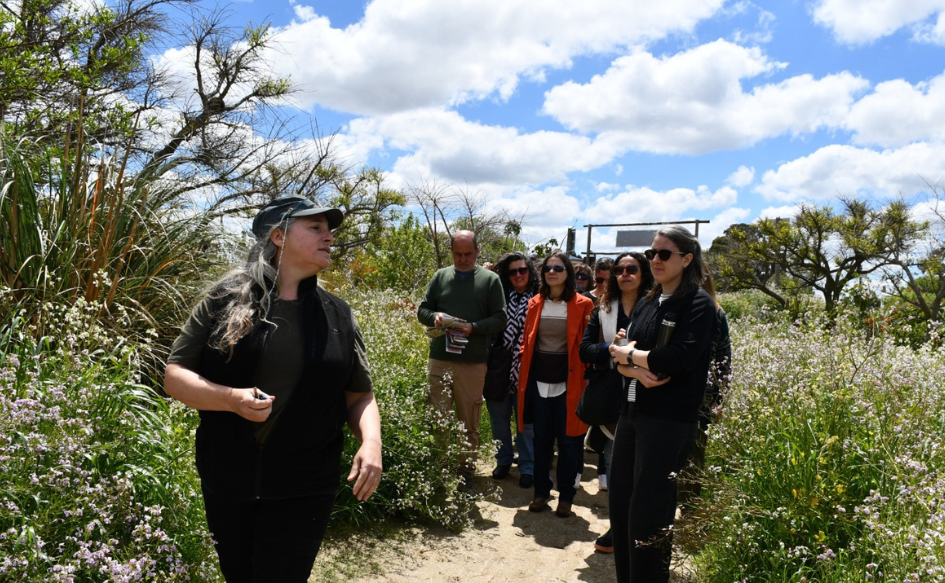 Un grupo de técnicos del Ministerio de Vivienda y Ordenamiento Territorial y de gobiernos departamentales caminan por un terreno con vegetación, escuchando a un guía