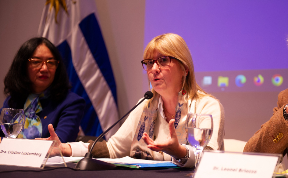 Ministra de Salud Pública, Cristina Lustemberg, habla en conferencia. Sus codos están apoyados en la mesa y sus manos abiertas, con las palmas hacia arriba.